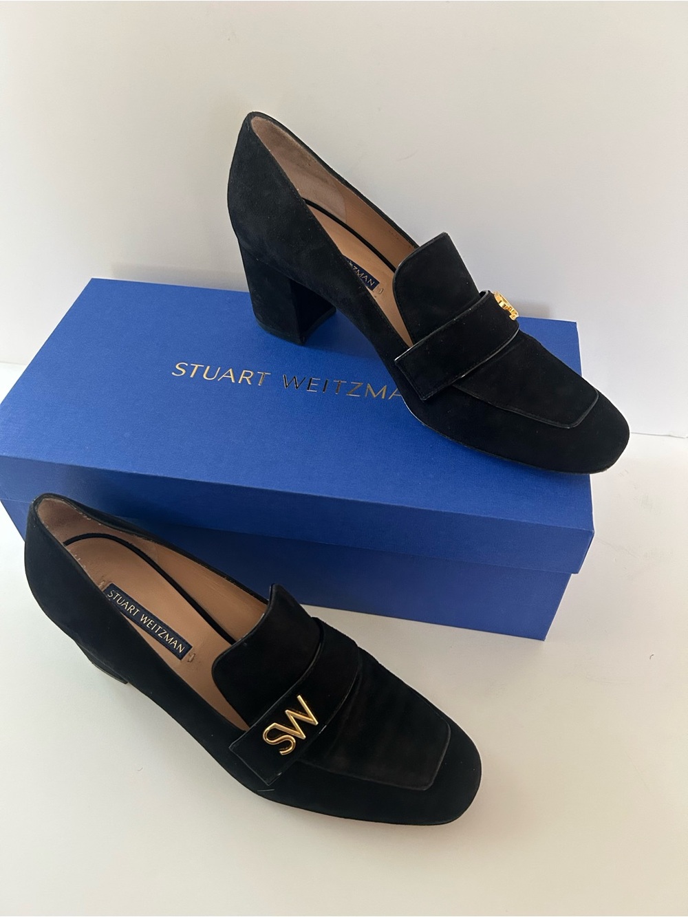 Stuart Weitzman Black Suede Block Heel Loafers with Gold SW Accent